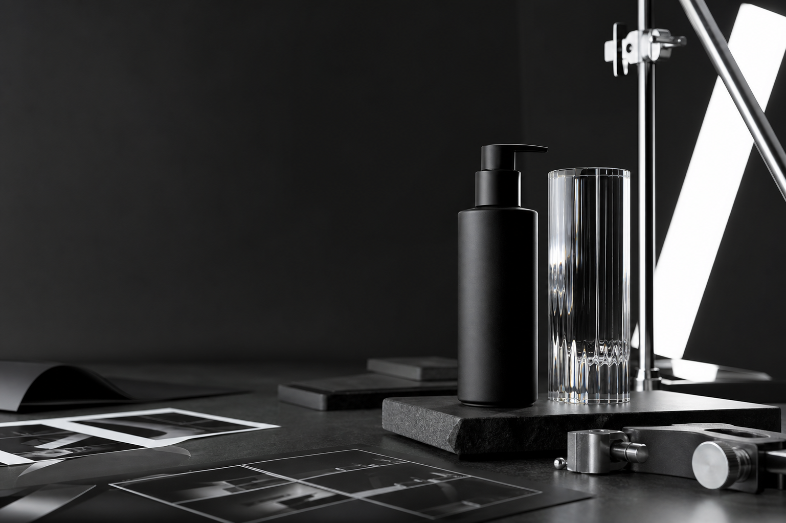 Product photography set in a dark creative studio